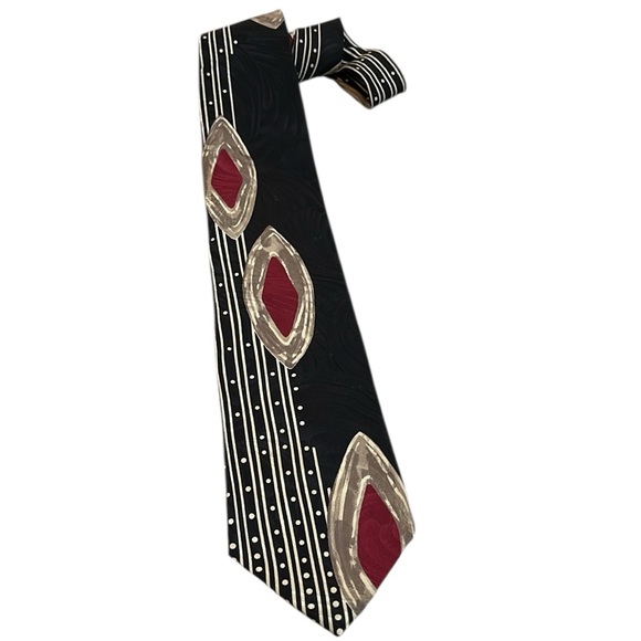 VINTAGE COUTURE BY X’ANDRINI HANDMADE WIDE SILK TIE BLACK RED CREAM BROWN - Picture 1 of 10